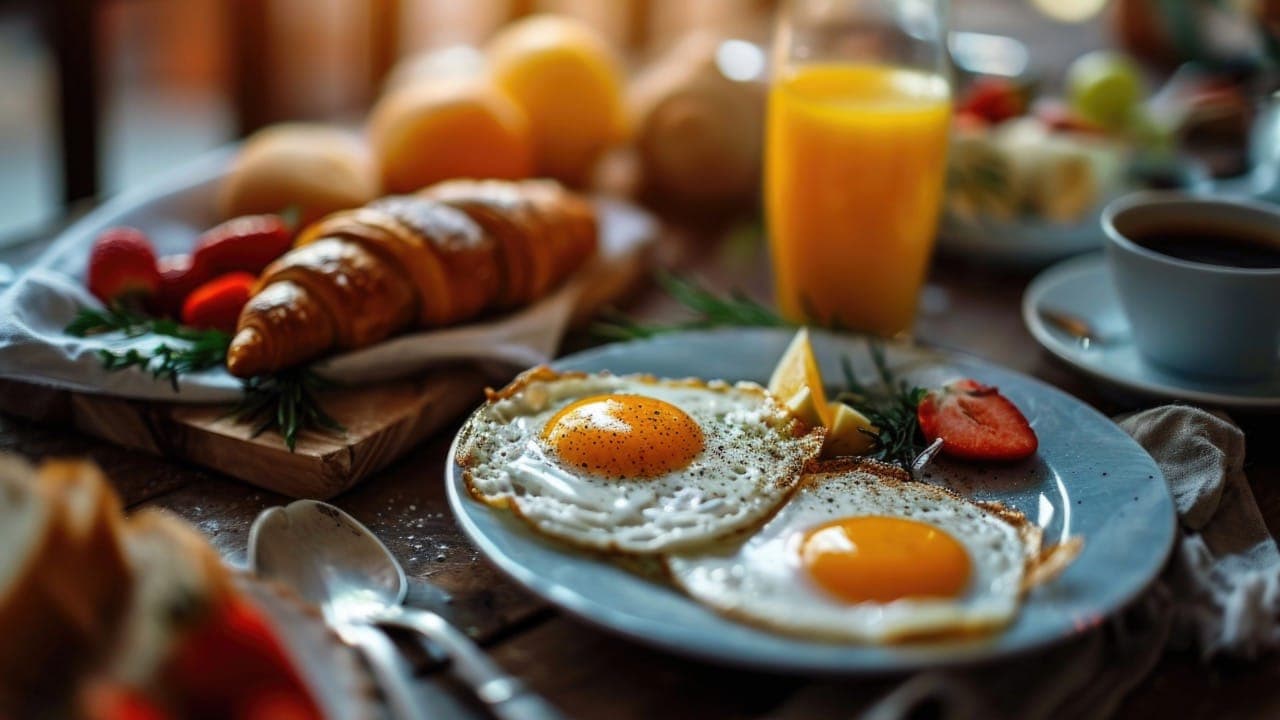 A delicious brunch spread with eggs, bread, fresh strawberries, and orange juice.