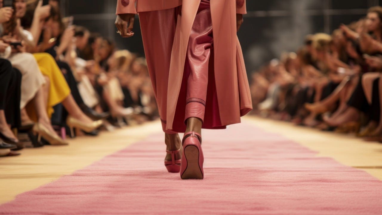 A woman wearing a pink outfit walking down the runway of New Jersey fashion show.