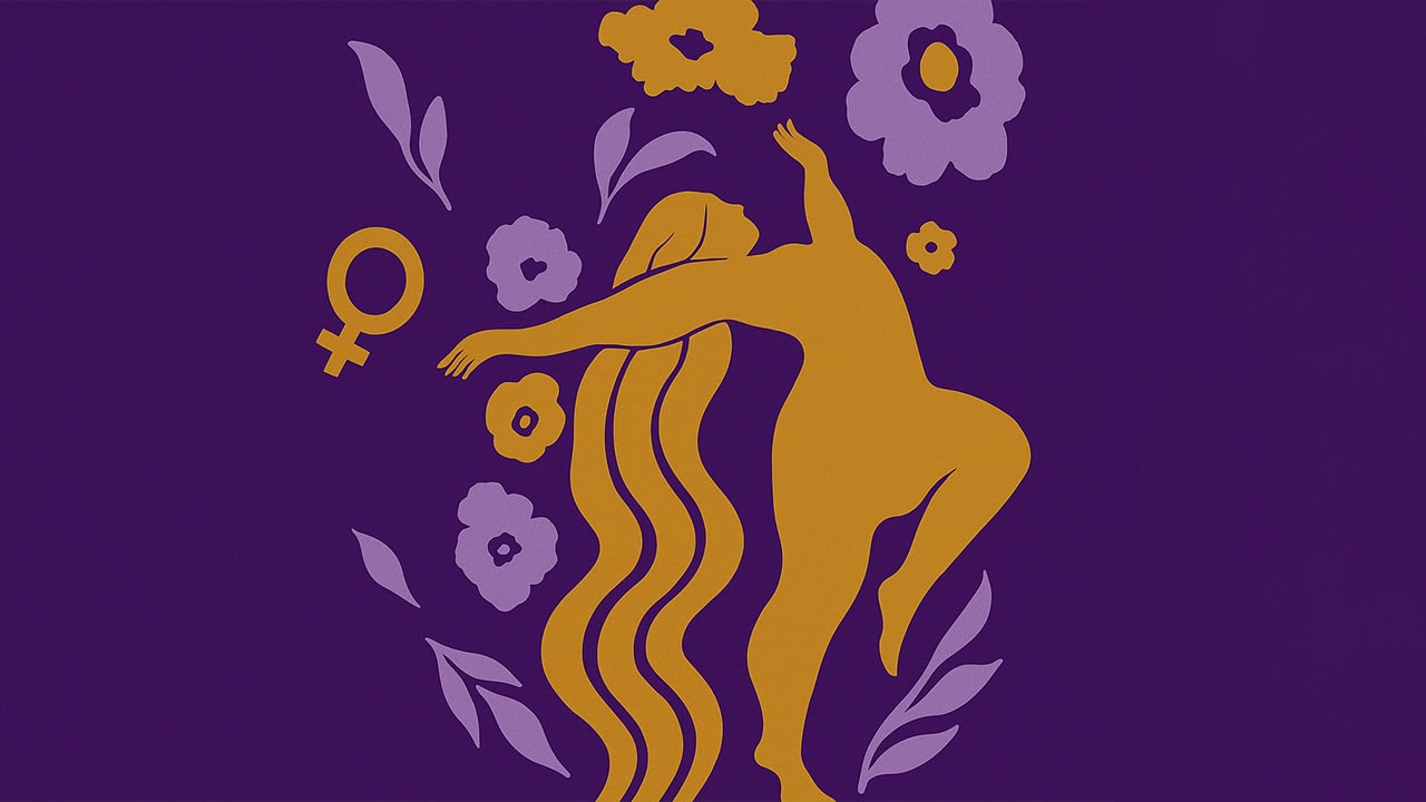 Abstract illustration of a woman dancing with flowers and a Venus symbol on a purple background. Image produced by More Jersey.