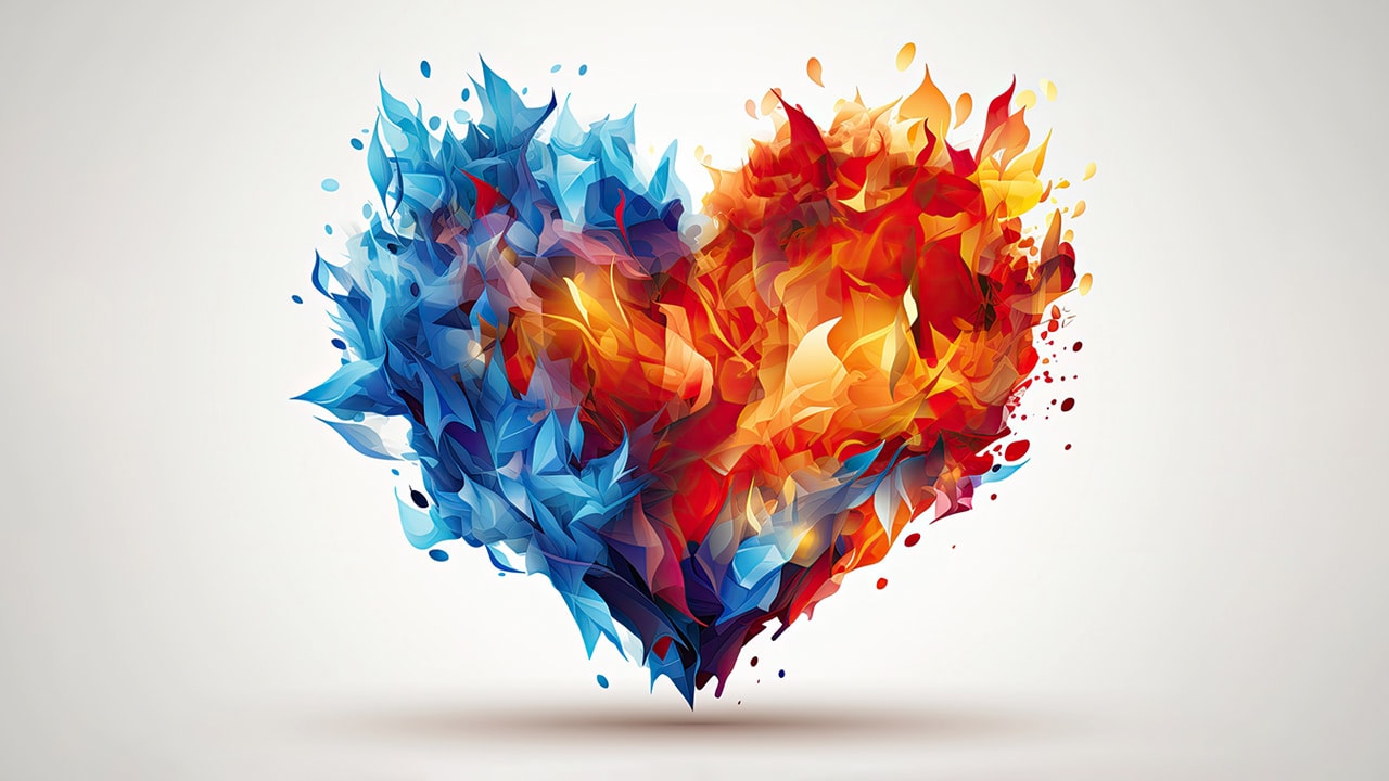 Abstract love heart shape illustration made of blue, orange, and red flame shapes.