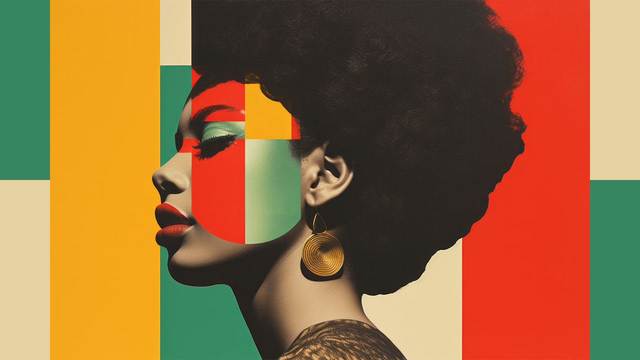 Abstract portrait of a beautiful black woman using rectangles and Pan African color pallette.