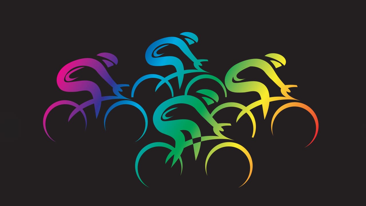 Abstract rainbow colored cyclists illustration. Image produced by More Jersey.