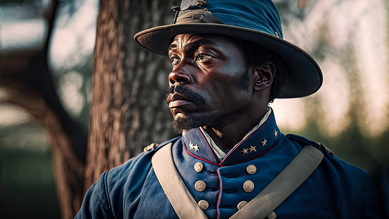 African American Civil War Union soldier looking into the distance.