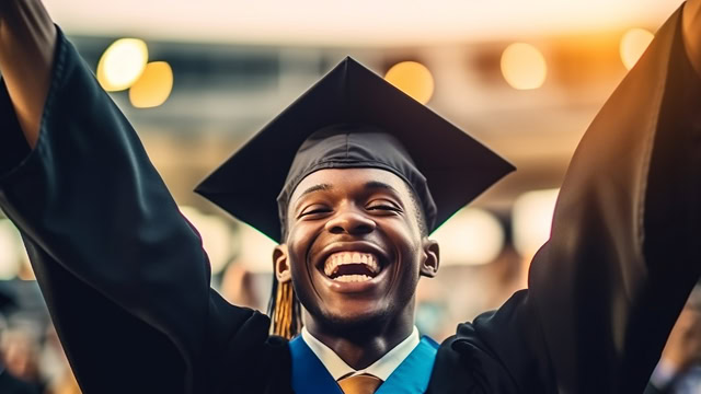 African American college graduate raising his arms and smiling at his graduation ceremony.