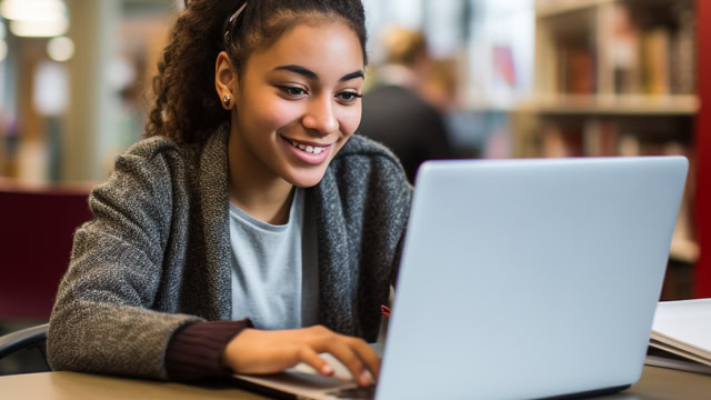 African American college student smiling while using her laptop in a local library.