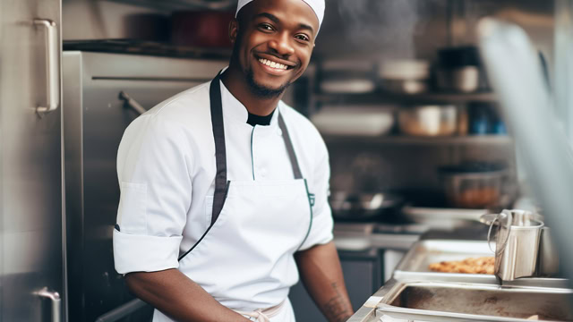 African American male chef preparing takeaway food in a New Jersey soup kitchen.