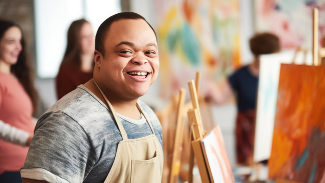 African American man with Down syndrome smiling at an art workshop event.