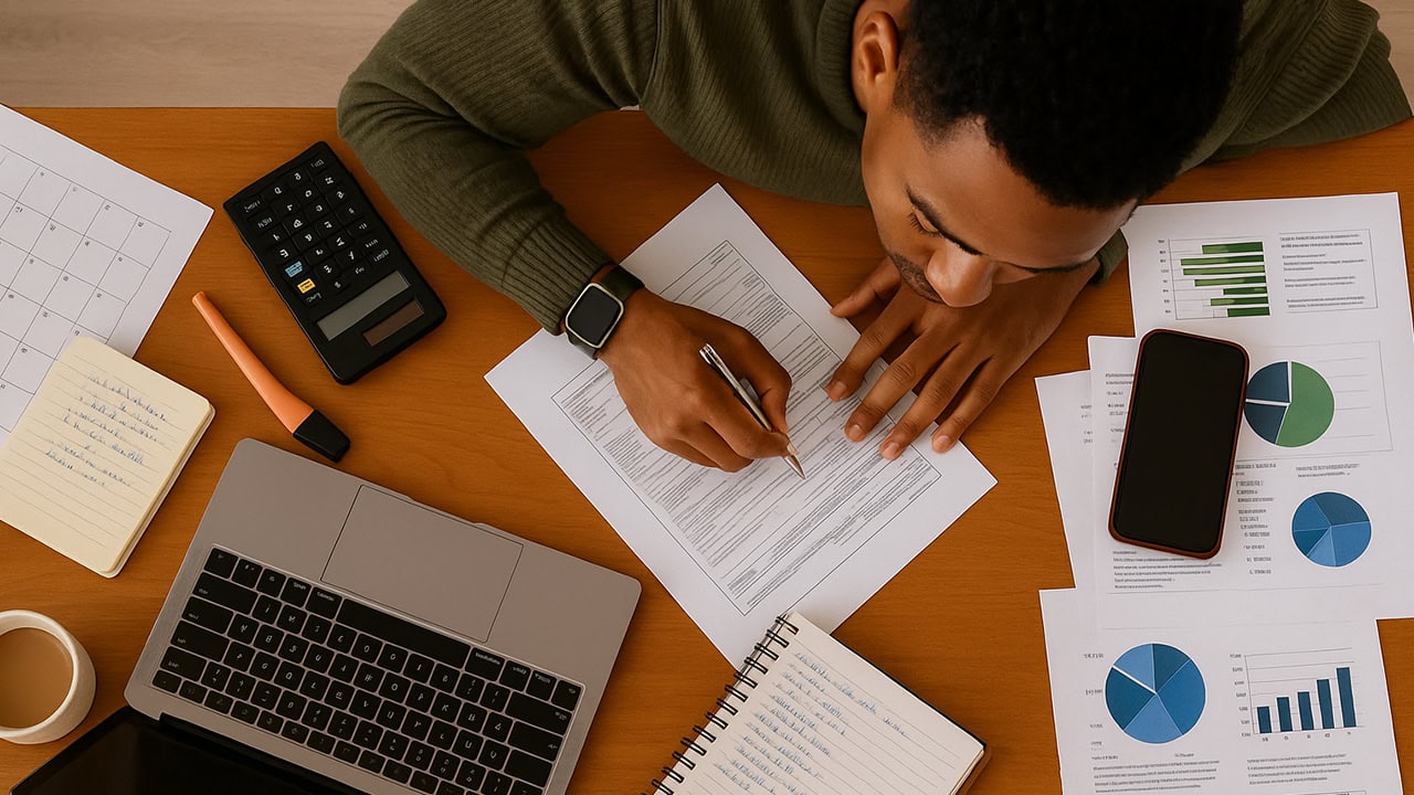 African American man working on personal and business financial documents. Image produced by More Jersey.