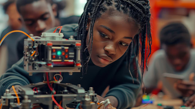 African American student assembling a robotics project in a technology class.