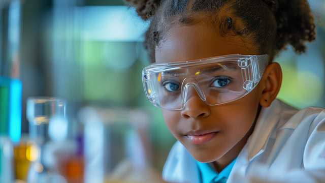 African American student in a science lab with a lab coat and safety goggles.