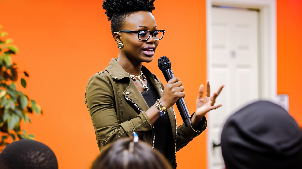 African American woman speaking during a seminar event.