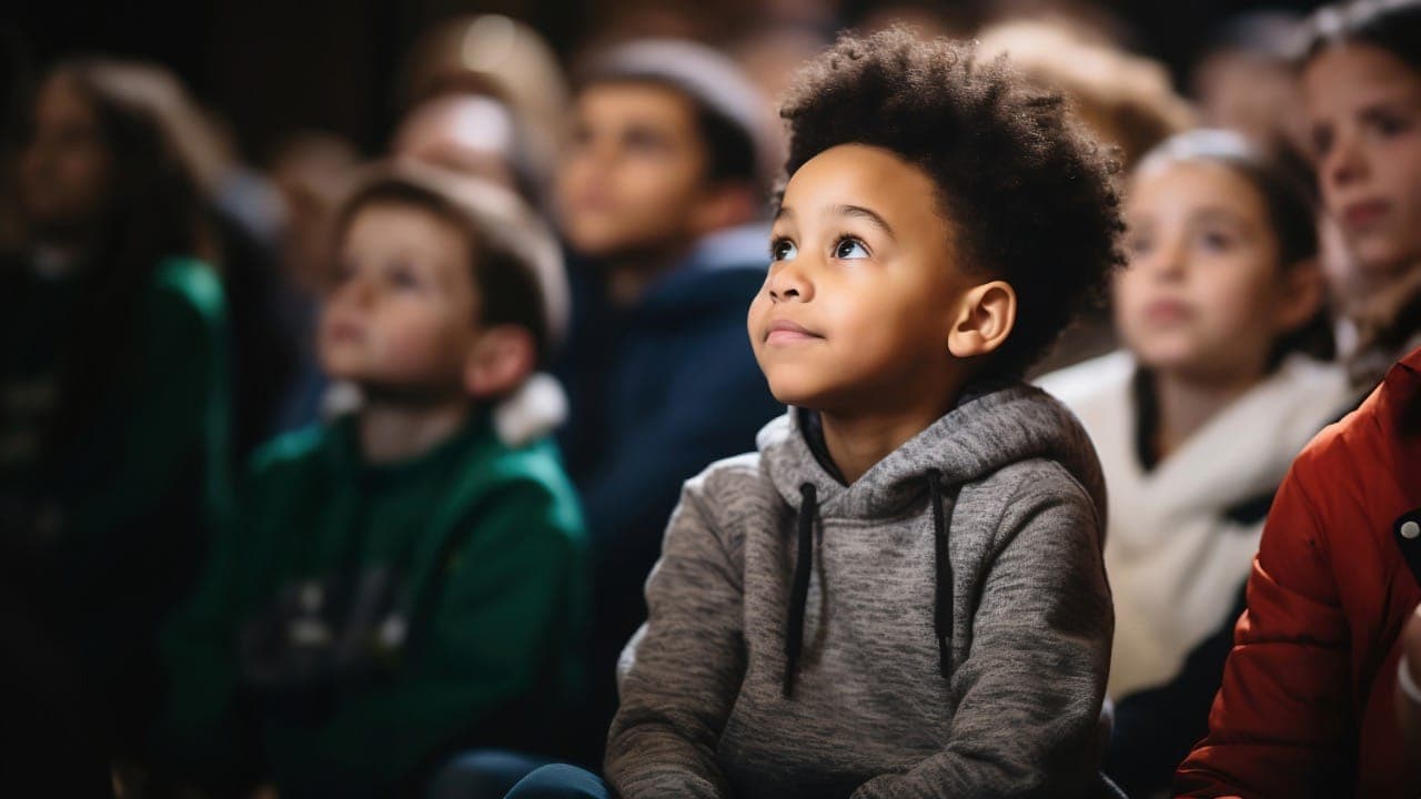 African-American young child, along with students and parents of other nationalities, attently watching a performance at a New Jersey library.