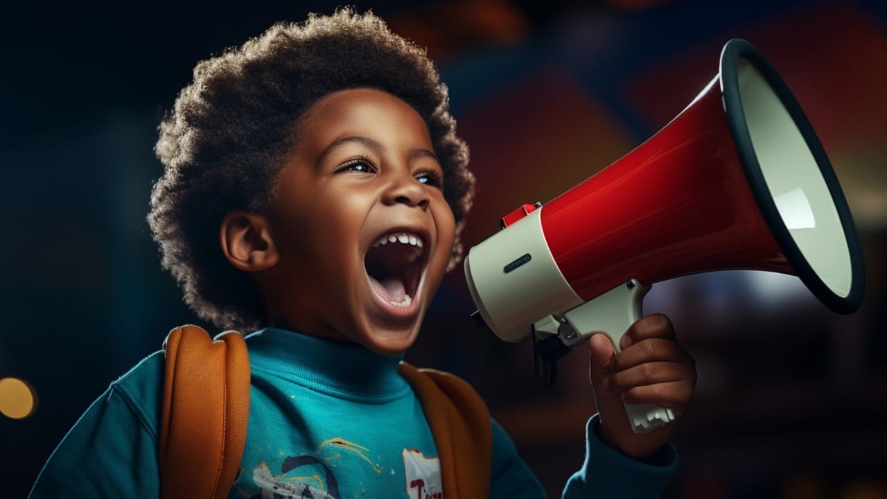 African-American young male student speaking out using a megaphone.