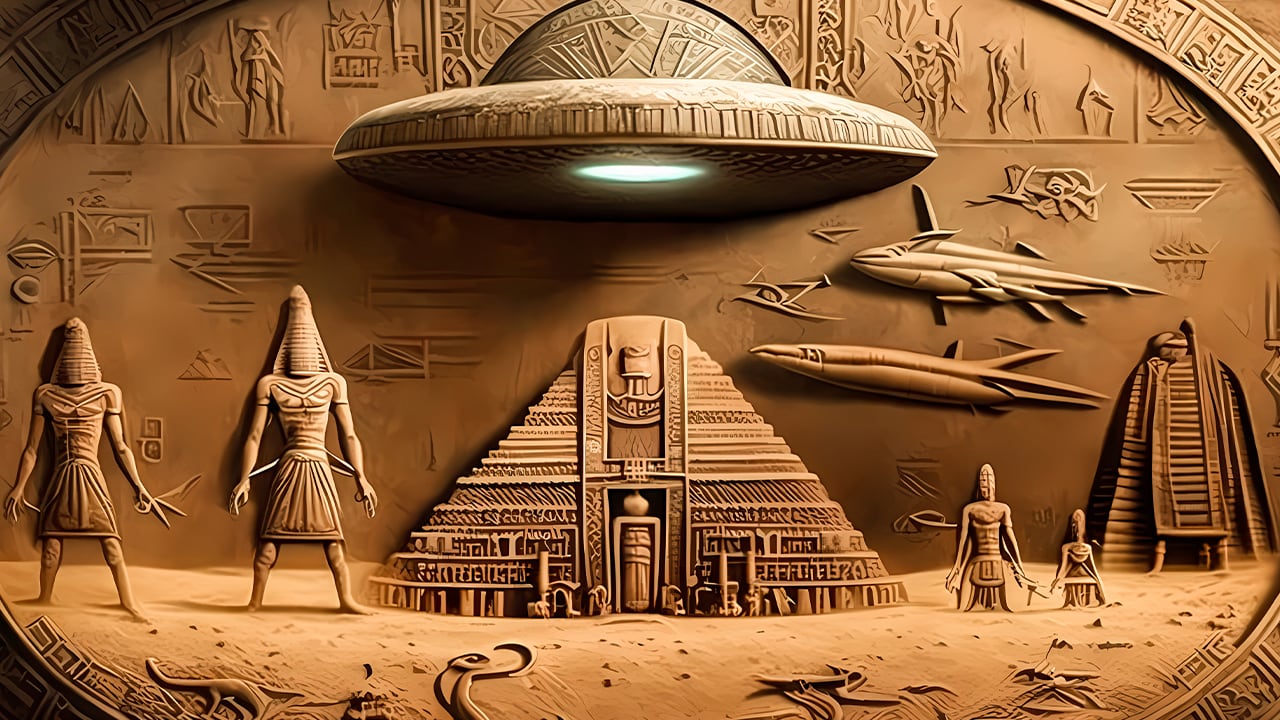 Ancient Aliens Egyptian AI generated hieroglyph with UFO flying saucer over pyramid.