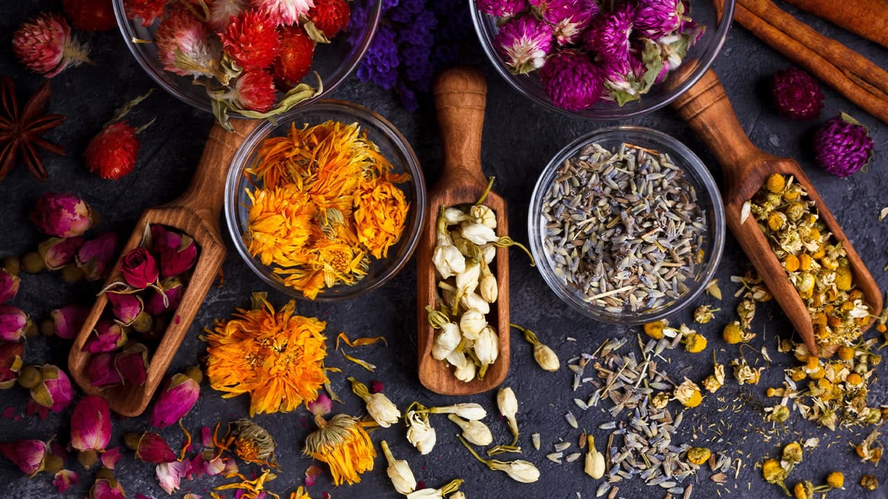 Assortment of dry flowers and herbs for tea. Image produced by More Jersey.