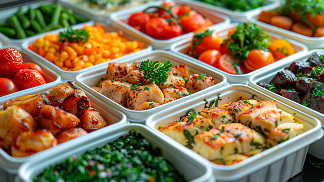 Assortment of healthy lunches in plastic containers.