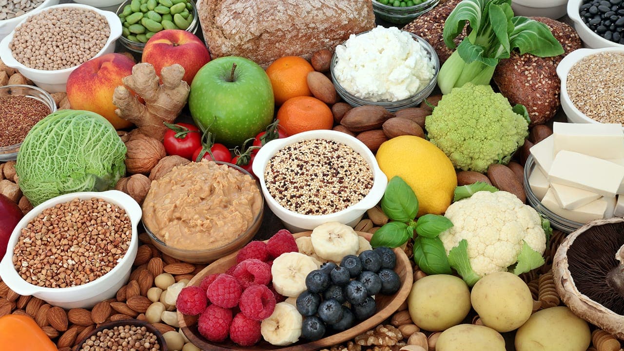 Assortment of healthy vegan foods.