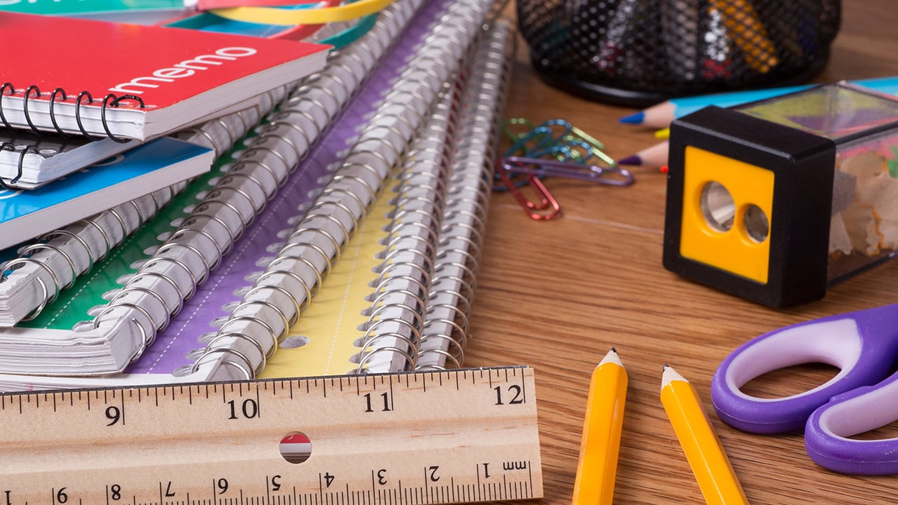 Assortment of school supplies Image produced by More Jersey.