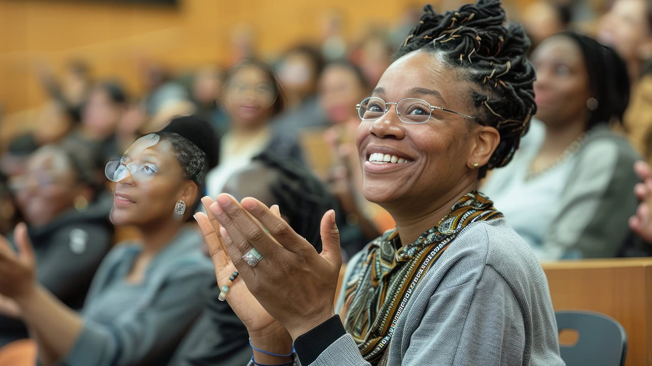 Audience of black women smiling and clapping at New Jersey women's conference. Image produced by More Jersey.