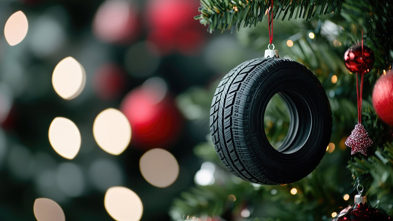 Automobile tire Christmas tree ornament. Image produced by More Jersey.