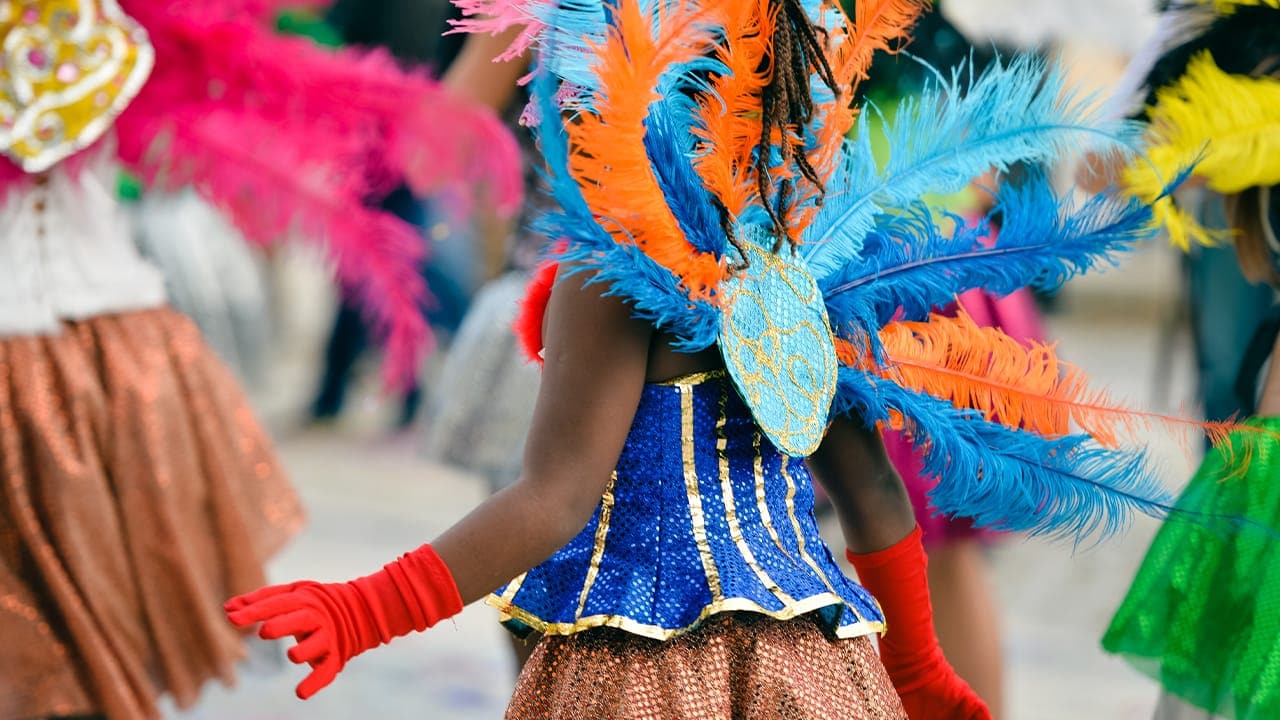 Back view of New Jersey Caribbean carnaval parade participants with colorful feathers. Image produced by More Jersey.