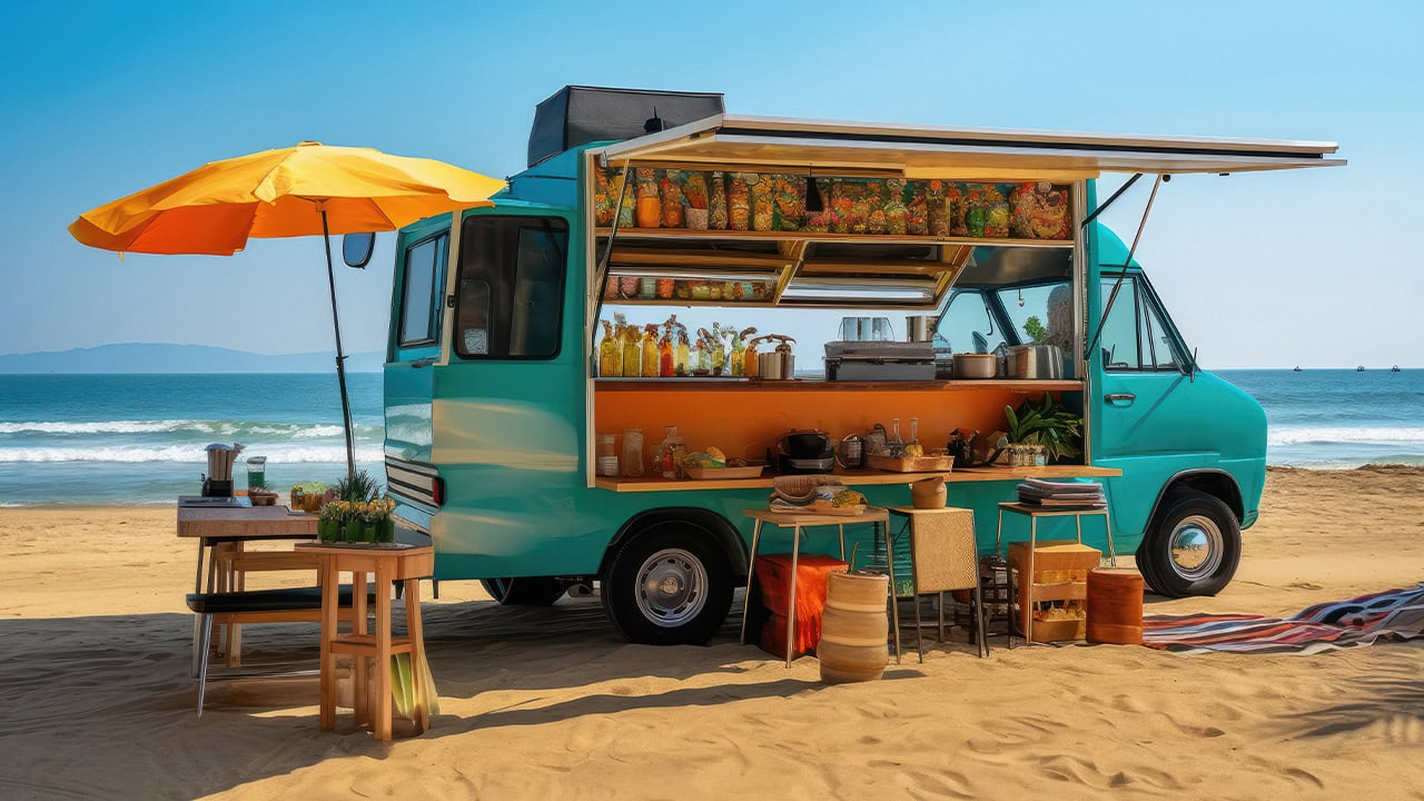 Beach food truck with small patron table.