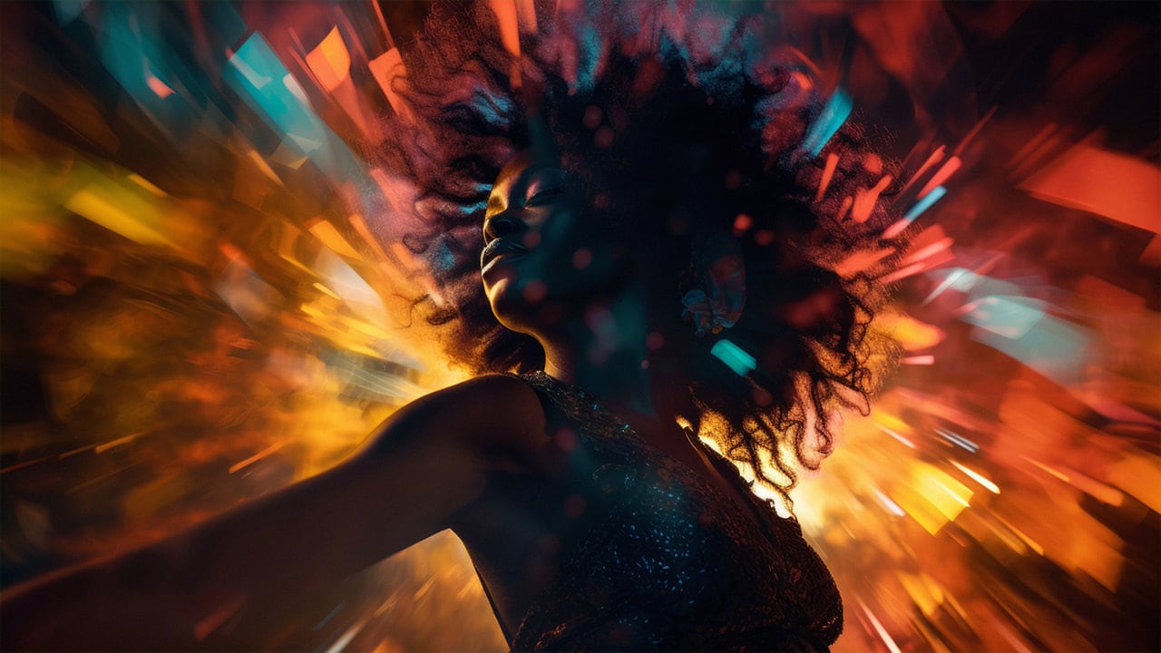 Beautiful black woman dancing in New Jersey, surrounded by the colorful lights.