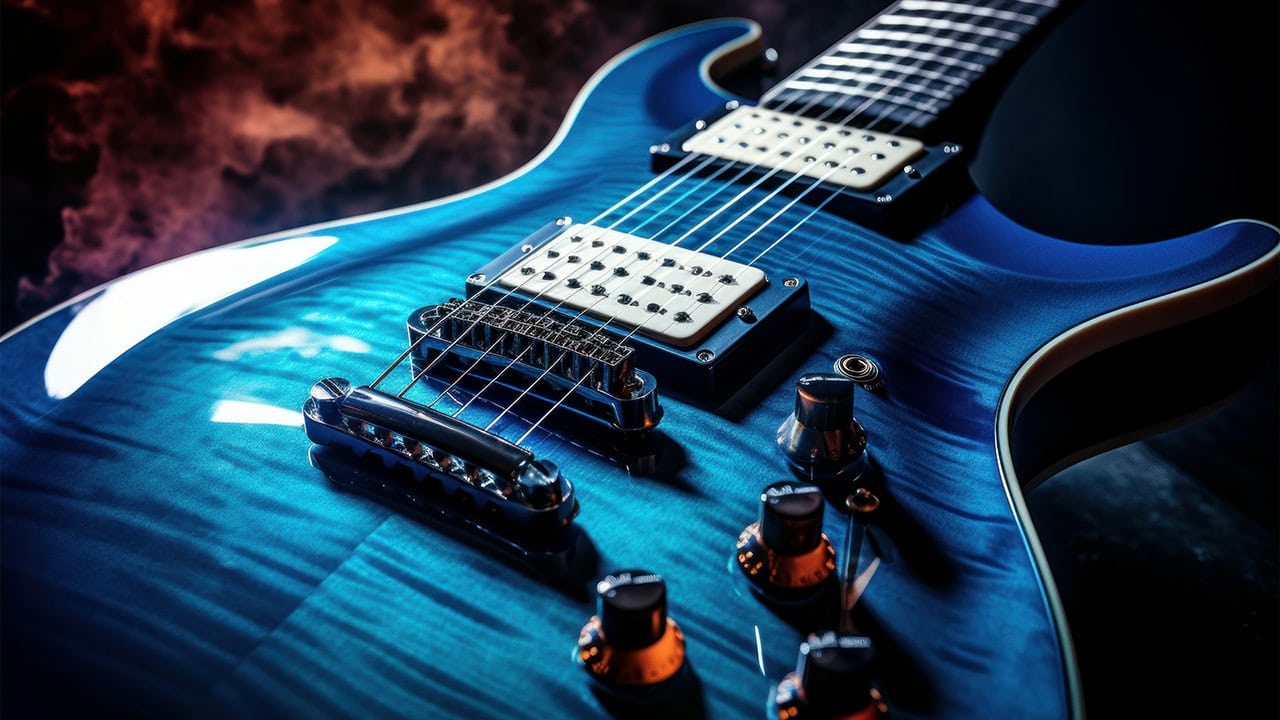 Beautiful electric blue wavy patterned guitar in a smoky room. Image produced by More Jersey.