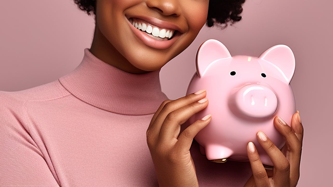 Beautiful smiling African American female New Jersey resident holding a piggy bank showing her interest in saving and financial planning.