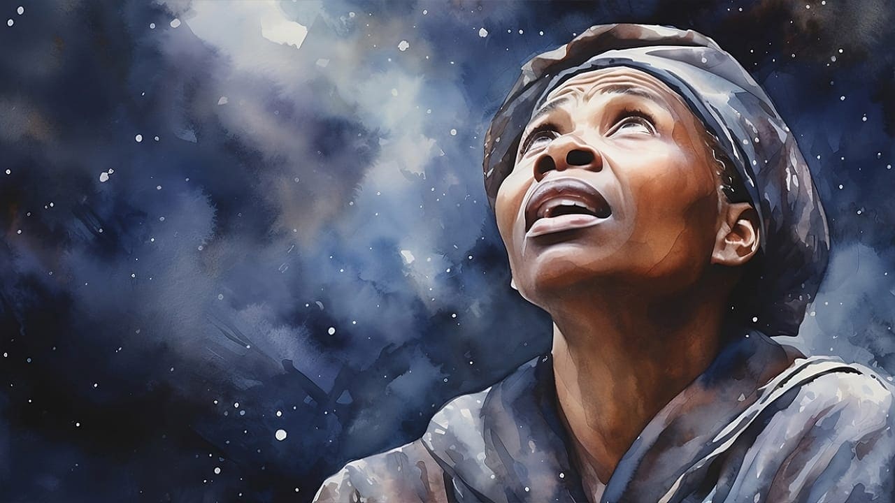 Black History Month watercolor illustration of Harriet Tubman seeing a vision looking up at the stars.