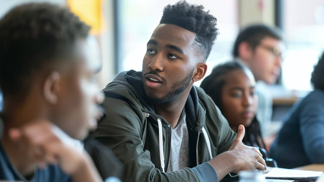 African American male student listening to discussion about digital marketing seminar.