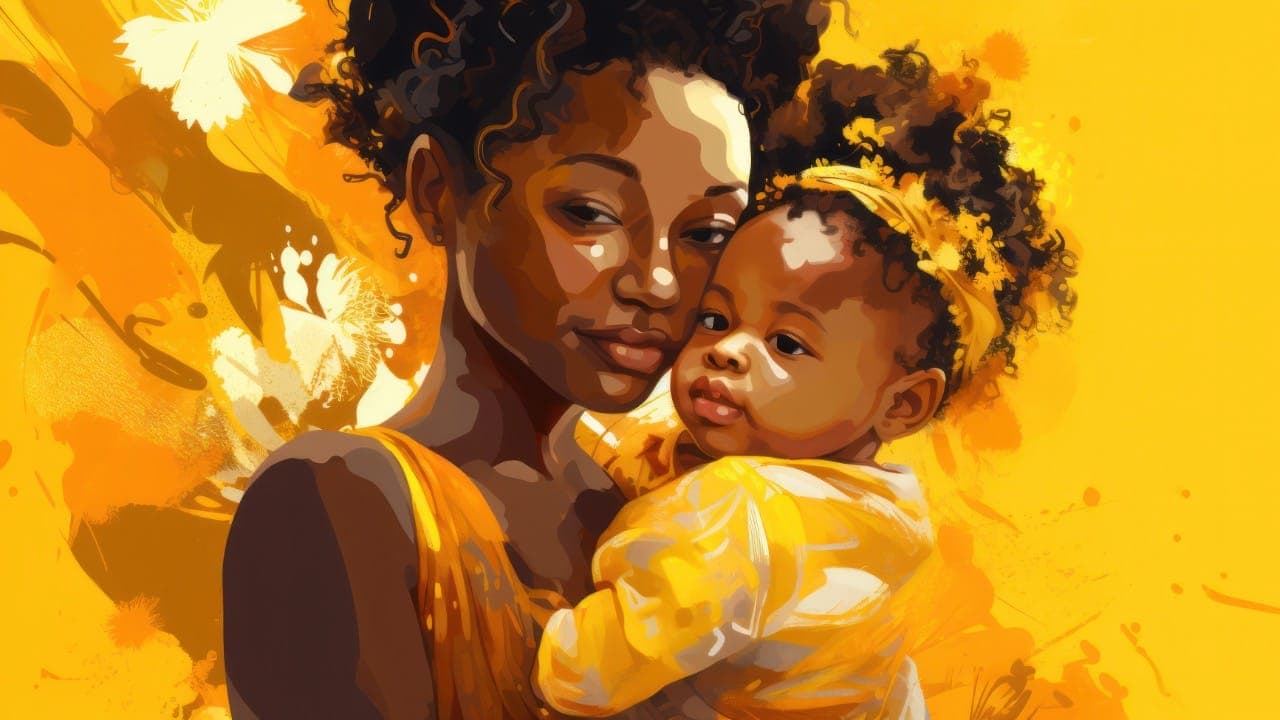 Bright yellow themed watercolor painting of young African-American mother with daughter.