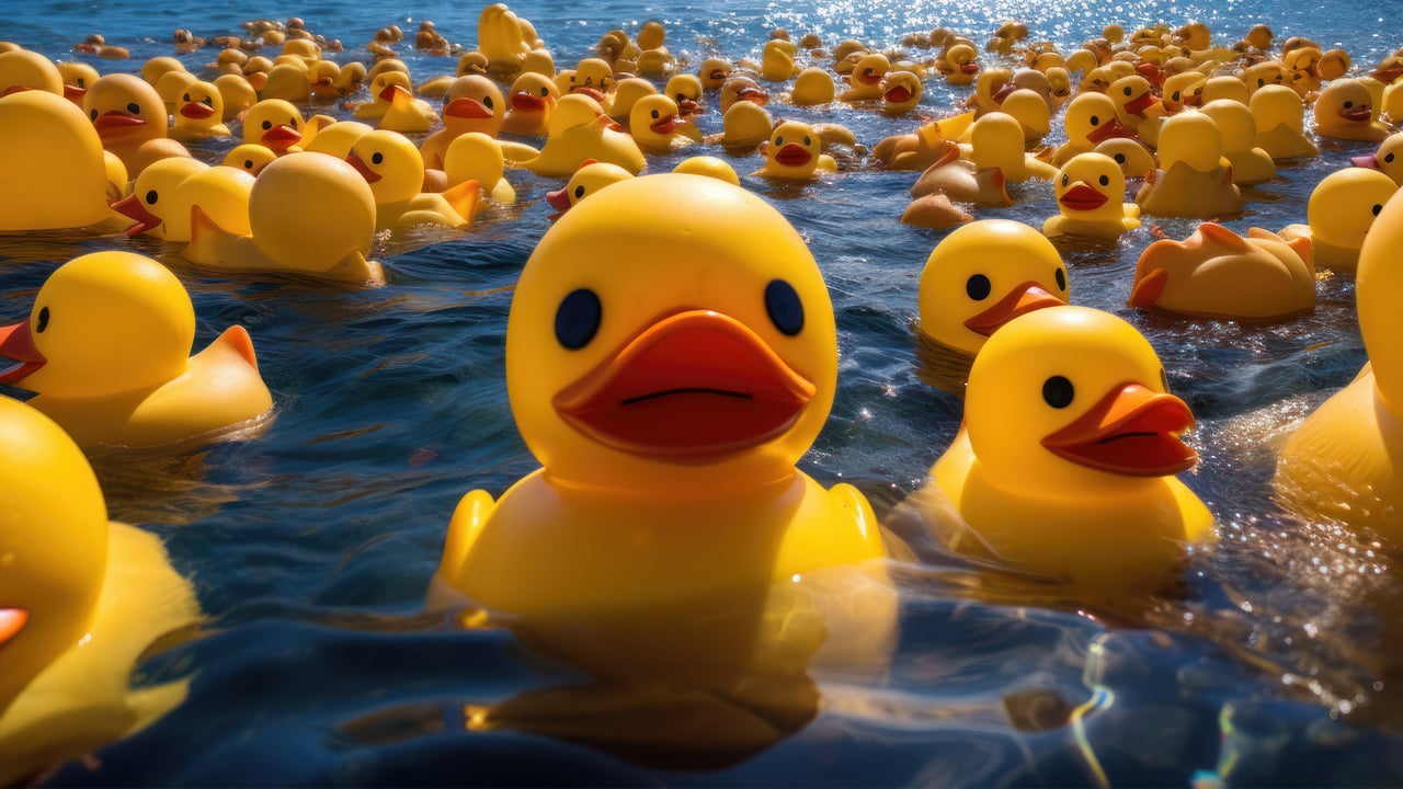 Bunch of yellow rubber ducks in floating down a lake during a ducky race.