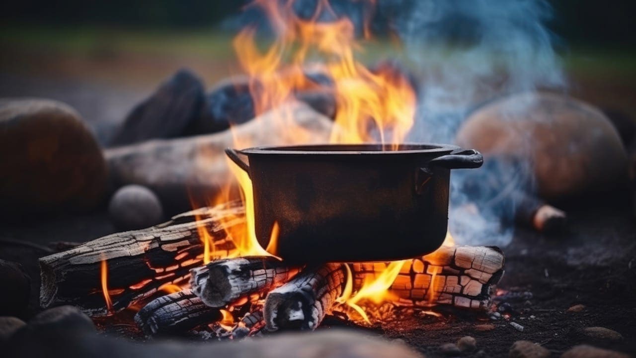 Campfire and cauldron cooking pot over open fire at New Jersey campsite.