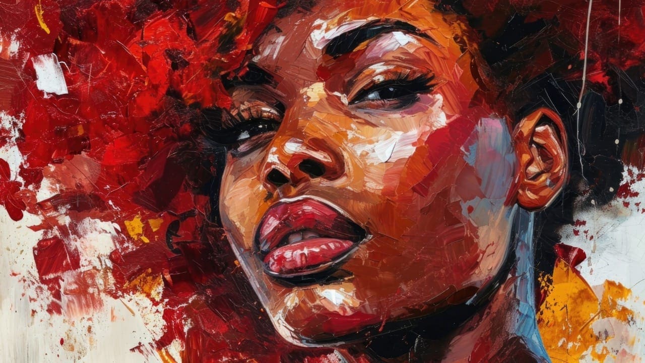Canvas painting of a stunning African-American woman with red hair.