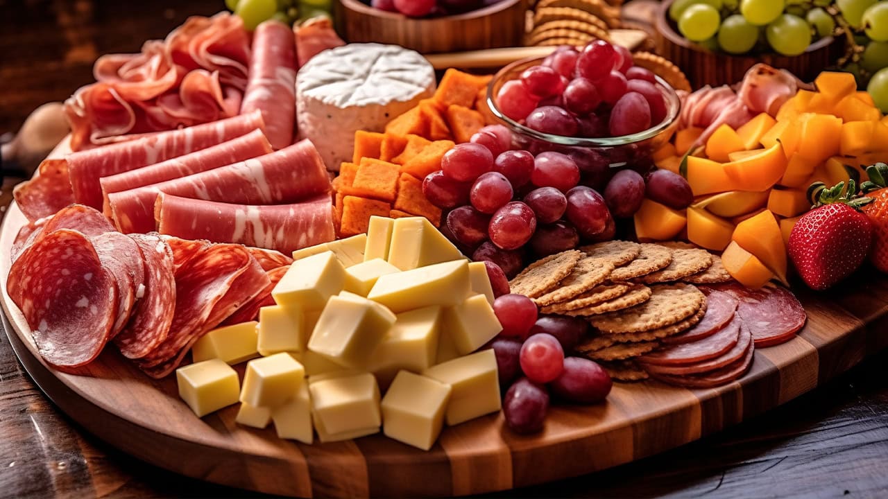 Charcuterie board with an assortment of cured meats, fruit, crackers, and cheeses.