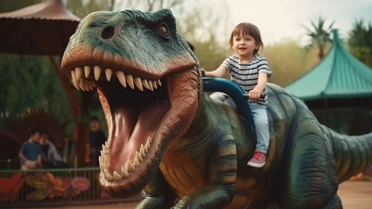 Child riding a dinosaur ride at dinosaurs theme park.