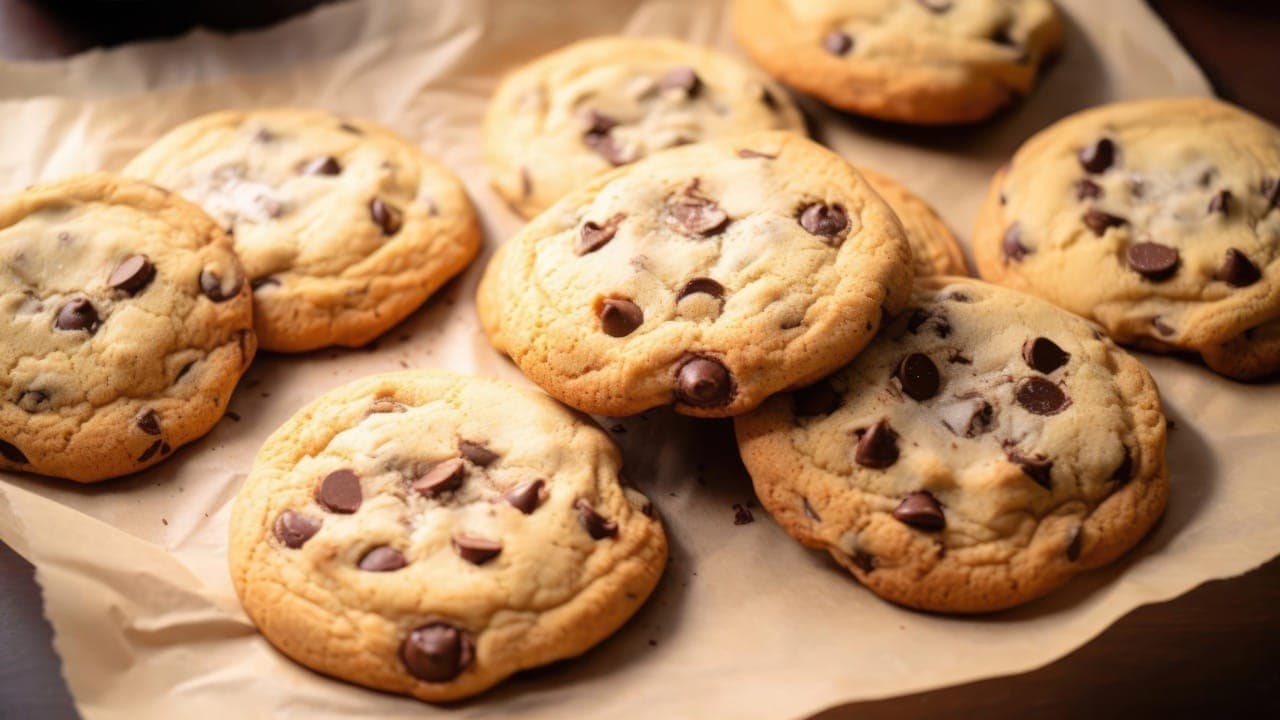 Chocolate chip cookies freshly baked on parchment paper.