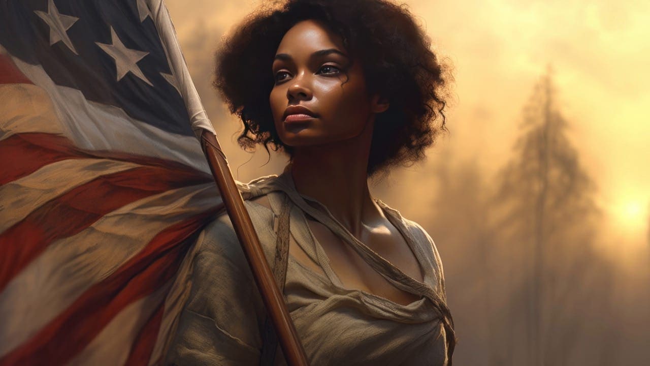 Classic painting of a beautiful African-American woman proudly holding an American flag.