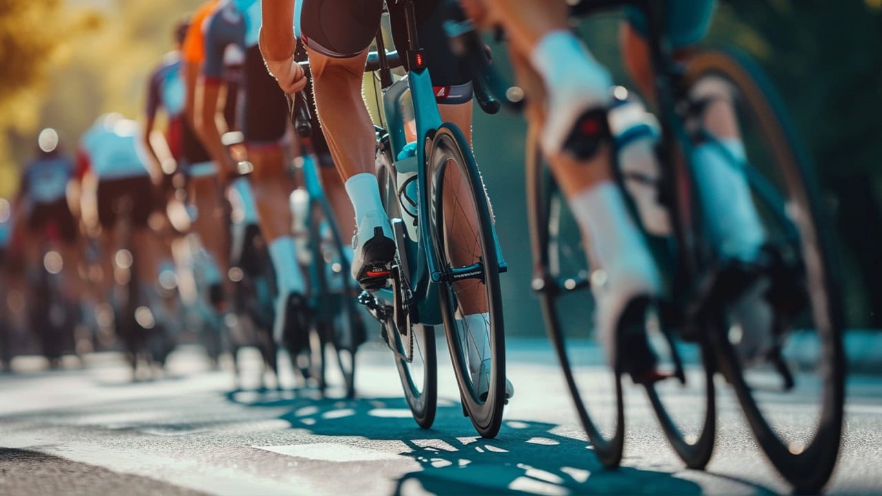 Close-up of a cycling race on open road cycling route. Image produced by More Jersey.