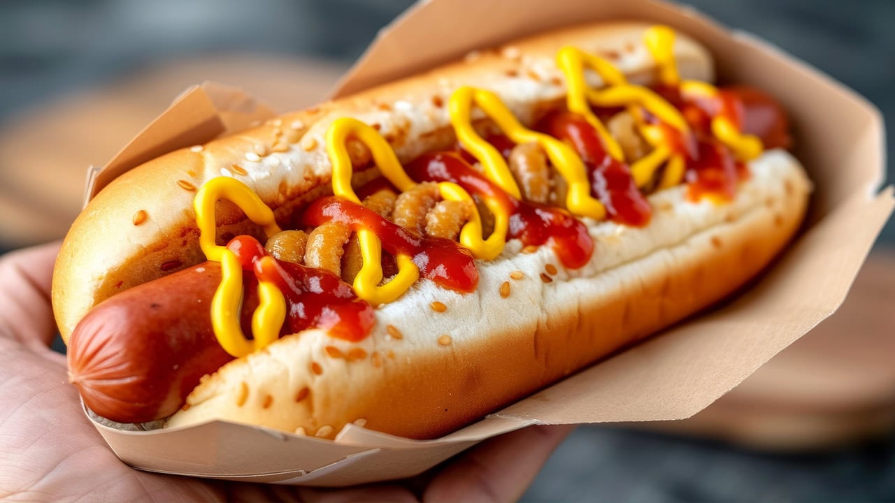 Close-up of a delicious hotdog with ketchup and mustard. Image produced by More Jersey.