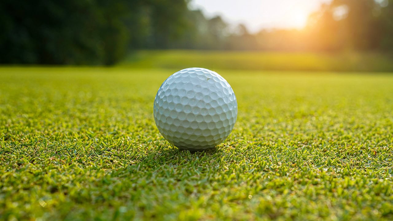 Close-up of a golf ball on a local golf course. Image produced by More Jersey.