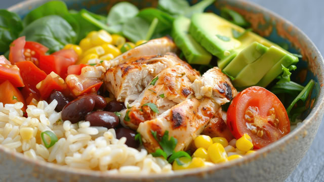 Close-up of a homemade Mexican chicken burrito bowl with rice, avocado, tomatoes, and corn.