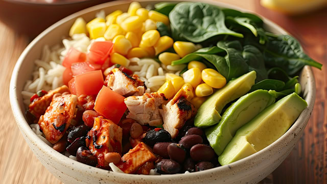 Close-up of a homemade Mexican chicken burrito bowl with rice, avocado, tomatoes, and corn.