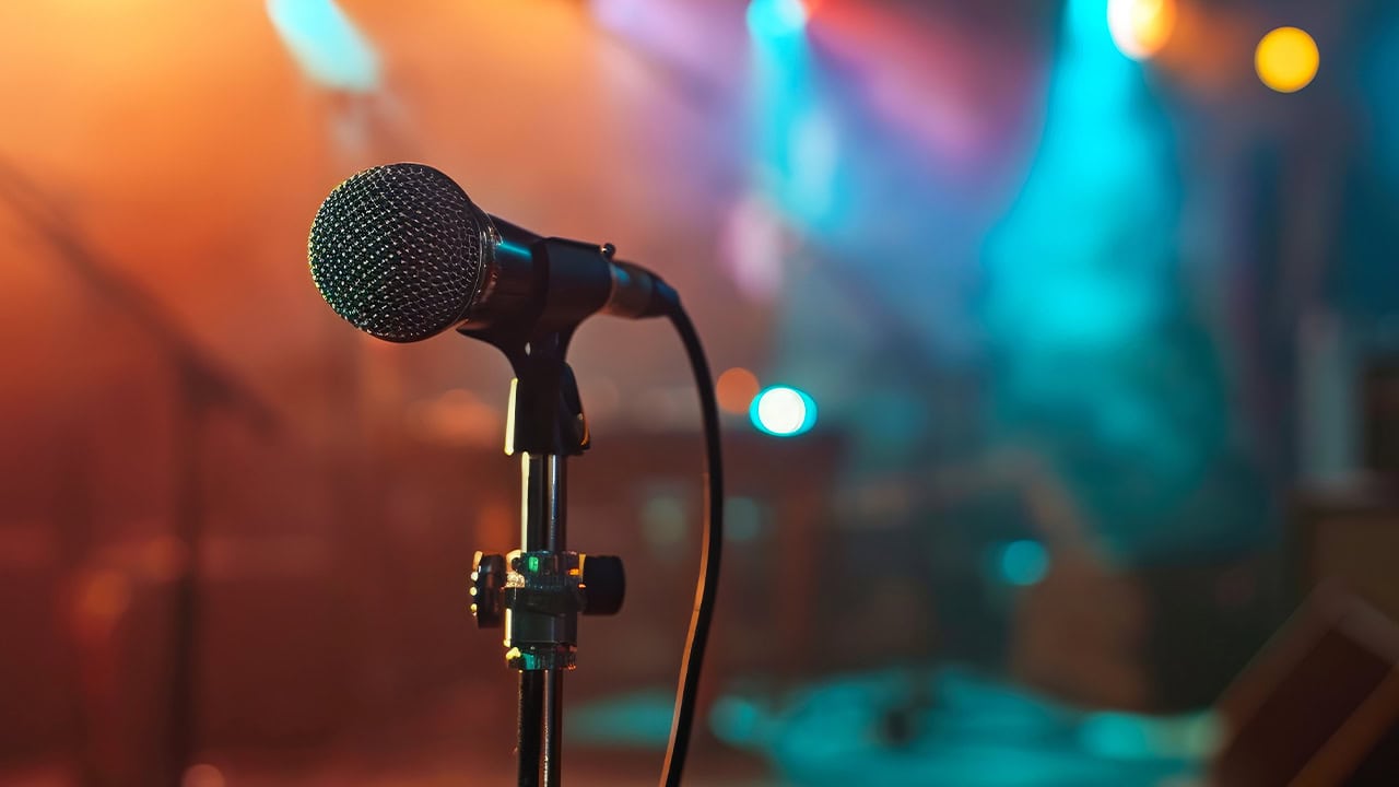 Close-up of a performance microphone at a local open mic event. Image produced by More Jersey.