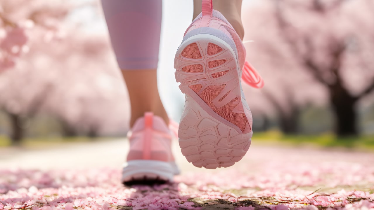 Close up of a woman jogging in a park filled with cherry blossom flowers.