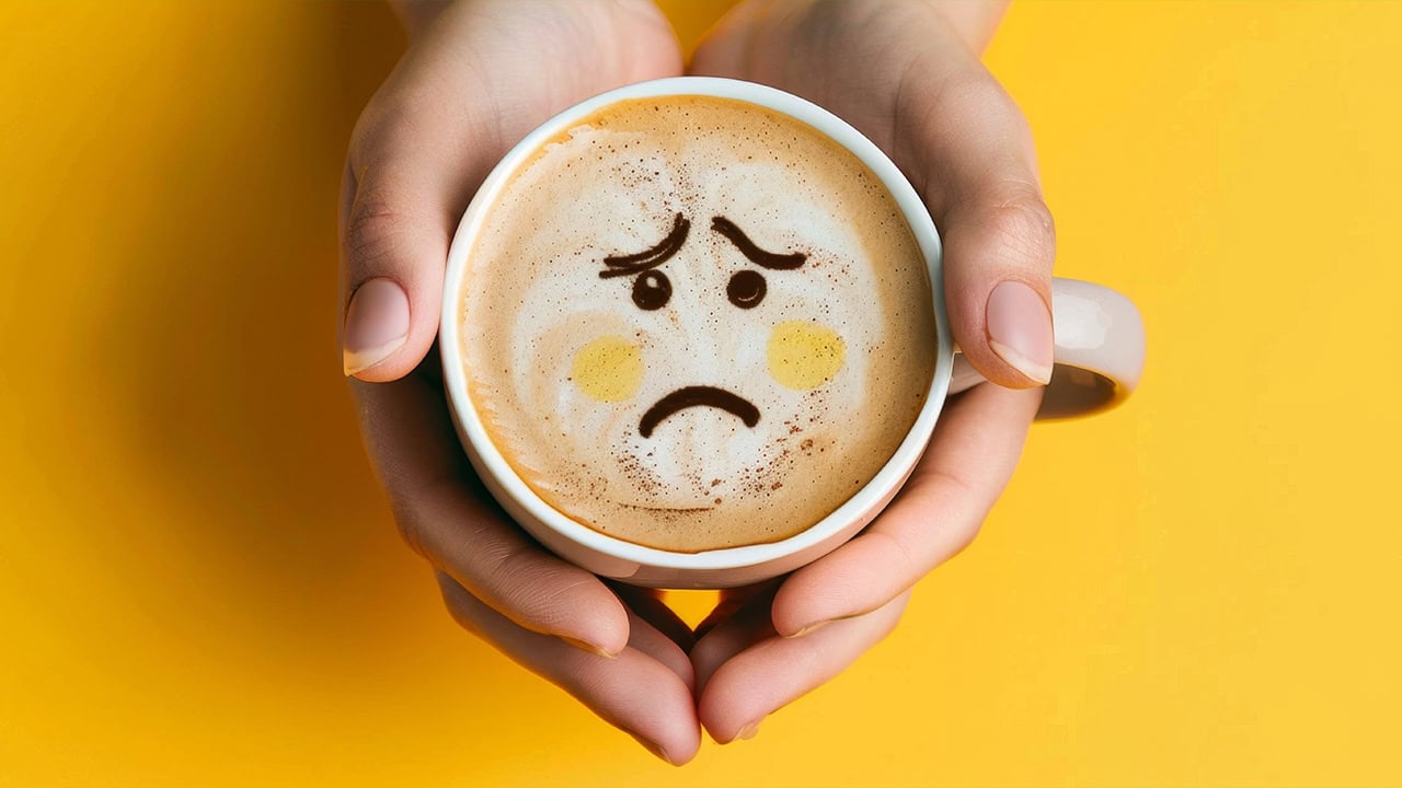 Close-up of a woman's hands holding a coffee cup with a sad face drawn on the foam. Image produced by More Jersey.