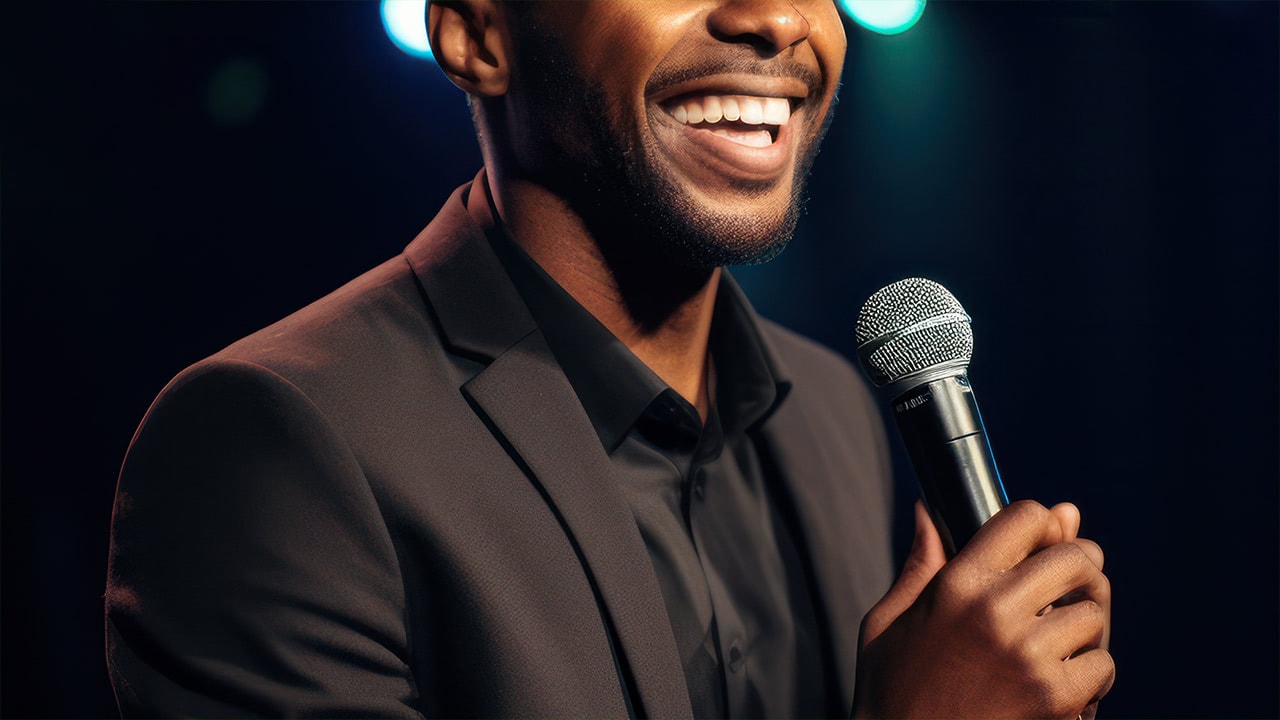Close-up of African American stand up comedian on stage with microphone.