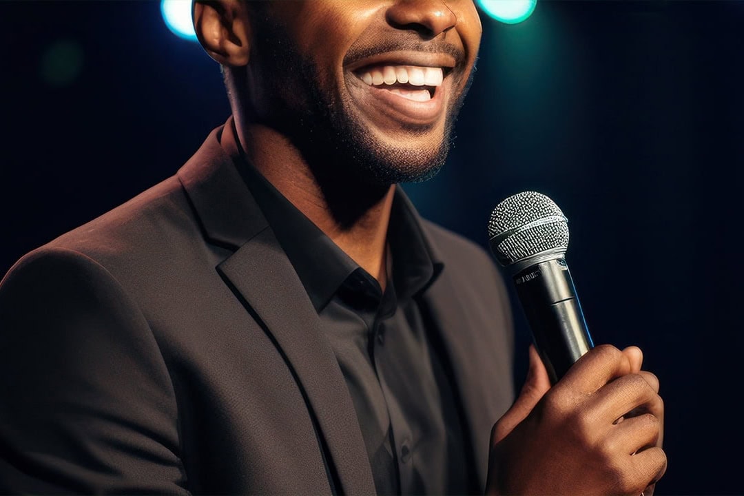 Close-up of African American stand up comedian on stage with microphone. Image produced by More Jersey.