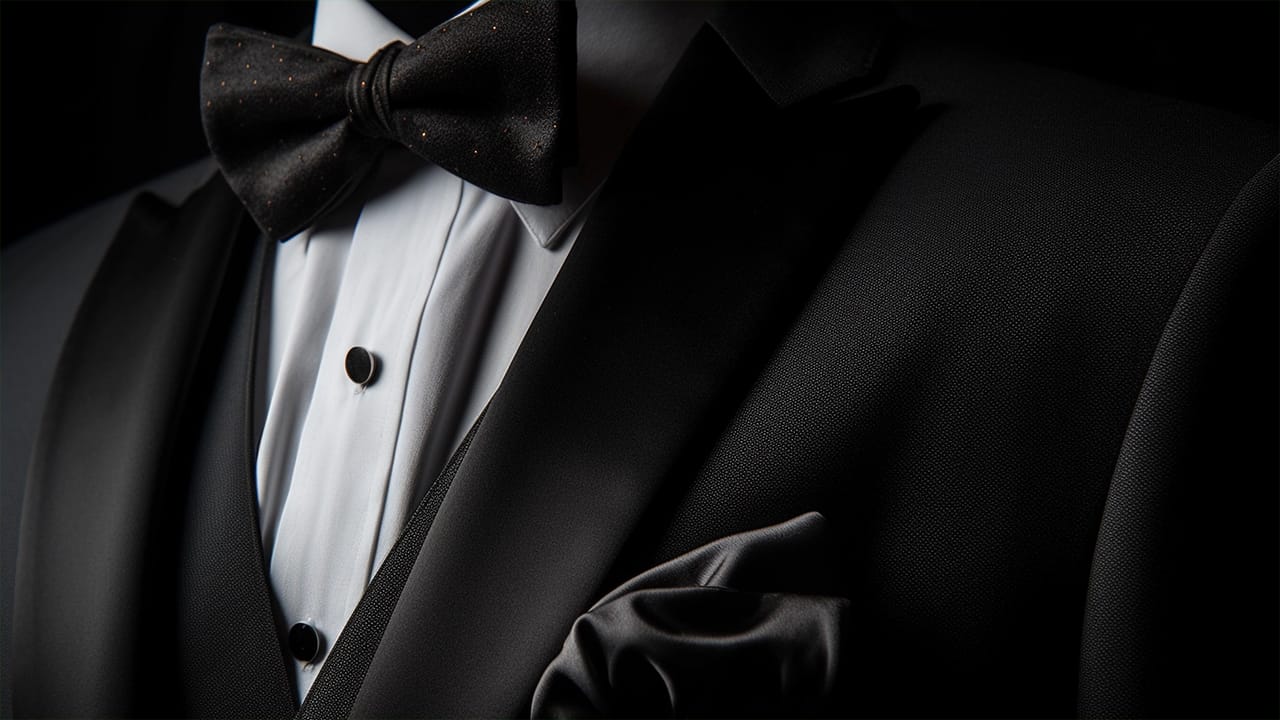 Close-up of black tuxedo and bowtie.
